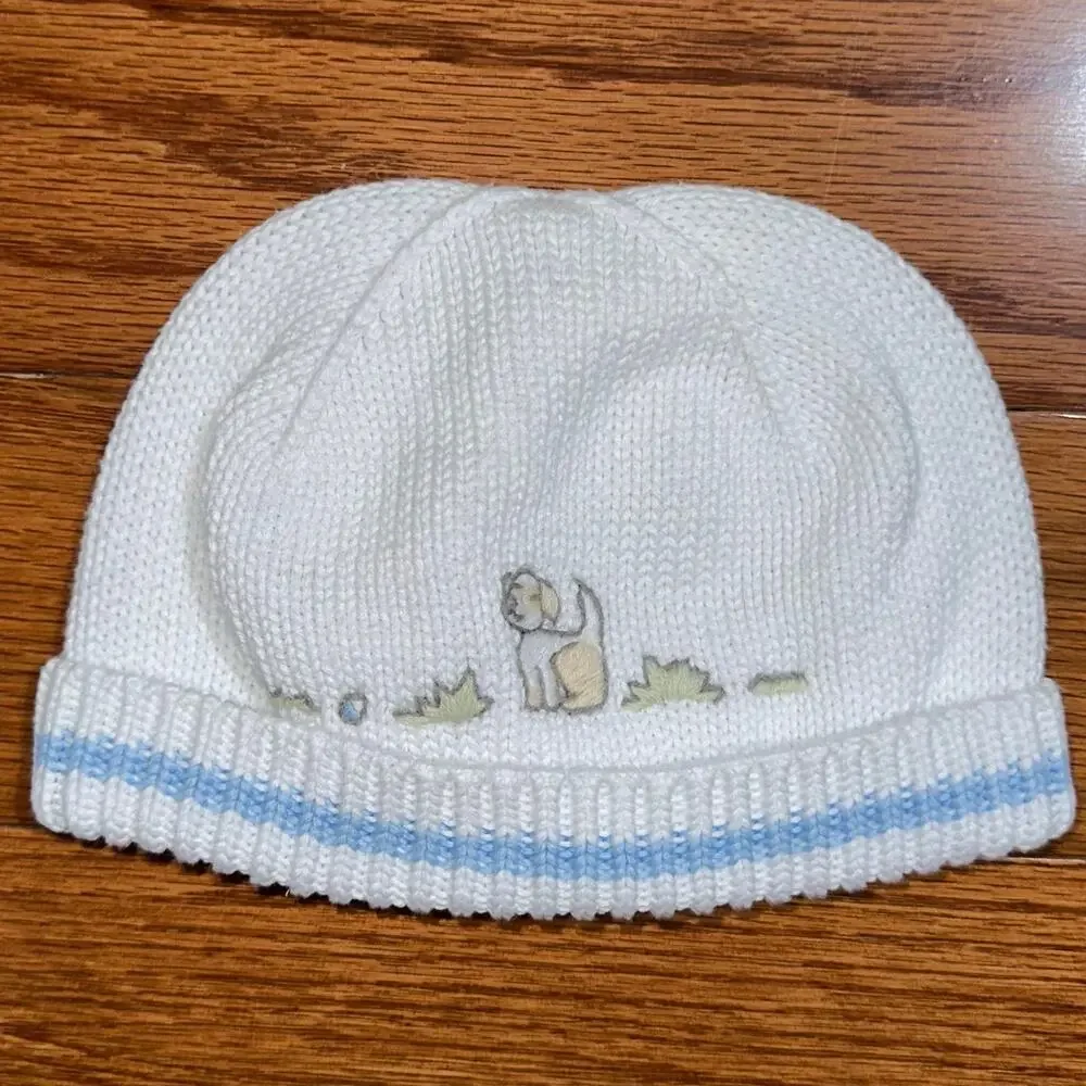 Janie and Jack White Blue Baby Boy Embroidered Dog Puppy Cotton Beanie Cap 0-3M